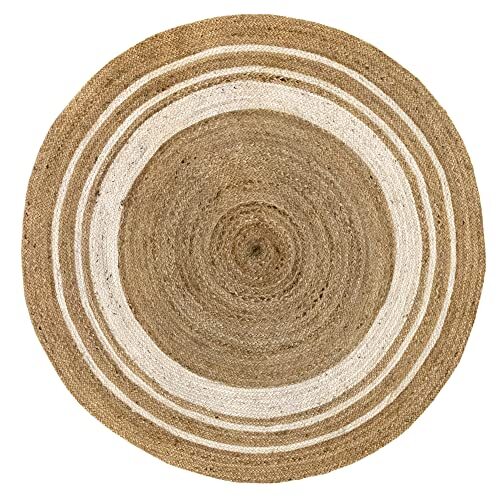 HAMID - Jute Vloerkleed Rond, Tapijt Alhambra Natuurlijke Kleur en Witte Streep, 100% Jute, Handgemaakt, Jute-Vloerkleed voor Woonkamer, Eetkamers, Zalen, Slaapkamers, (150x150cm)