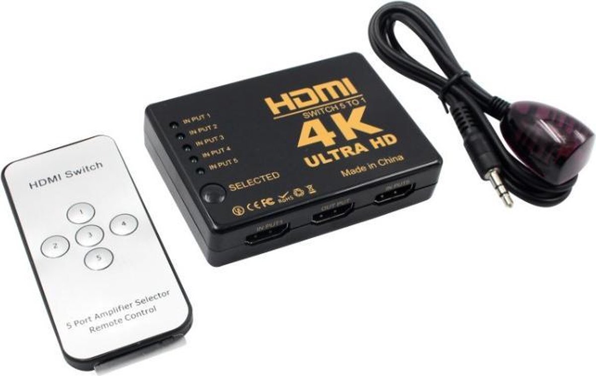 MaxTrack HDMI schakelaar 5 naar 1 / met afstandsbediening en IR extender - versie 1.4 (4K 30Hz)