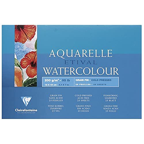 Clairefontaine 96452C schilderblok, 4-zijdig verlijmd aquarelpapier, fijnkorrelig, etival/cellulose, 12 x 18 cm, 25 vellen, verpakking van 200 g, wit