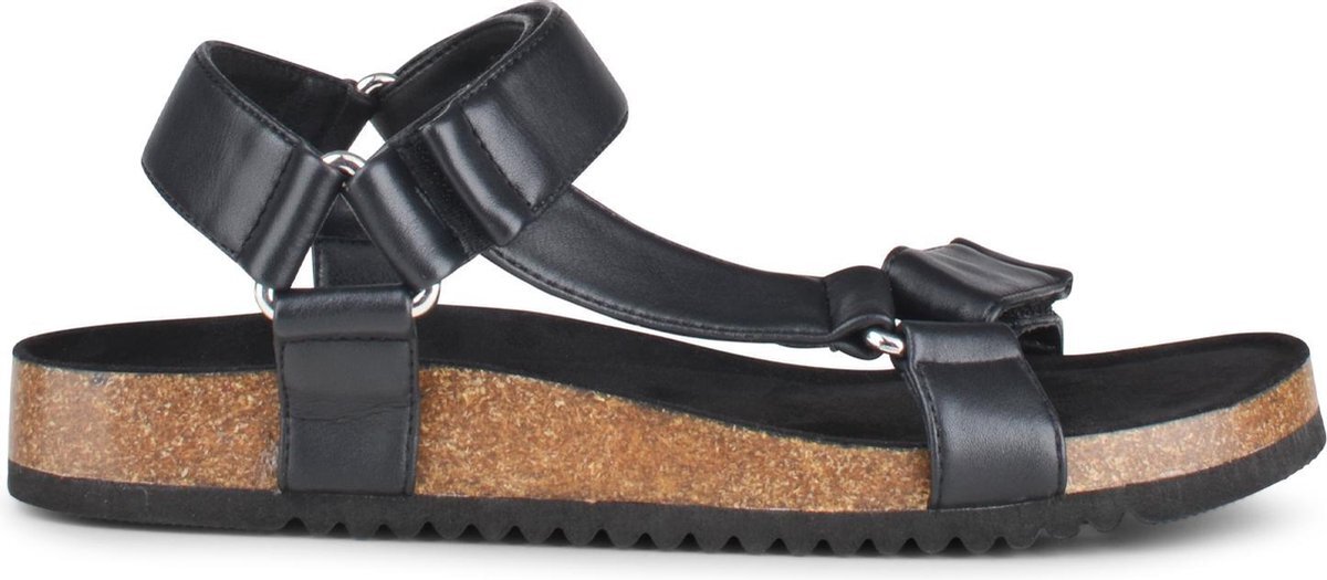 PS Poelman AMON Dames Faux PU Imitatie Leren Sandalen met Klittenband - Zwart - Maat 39