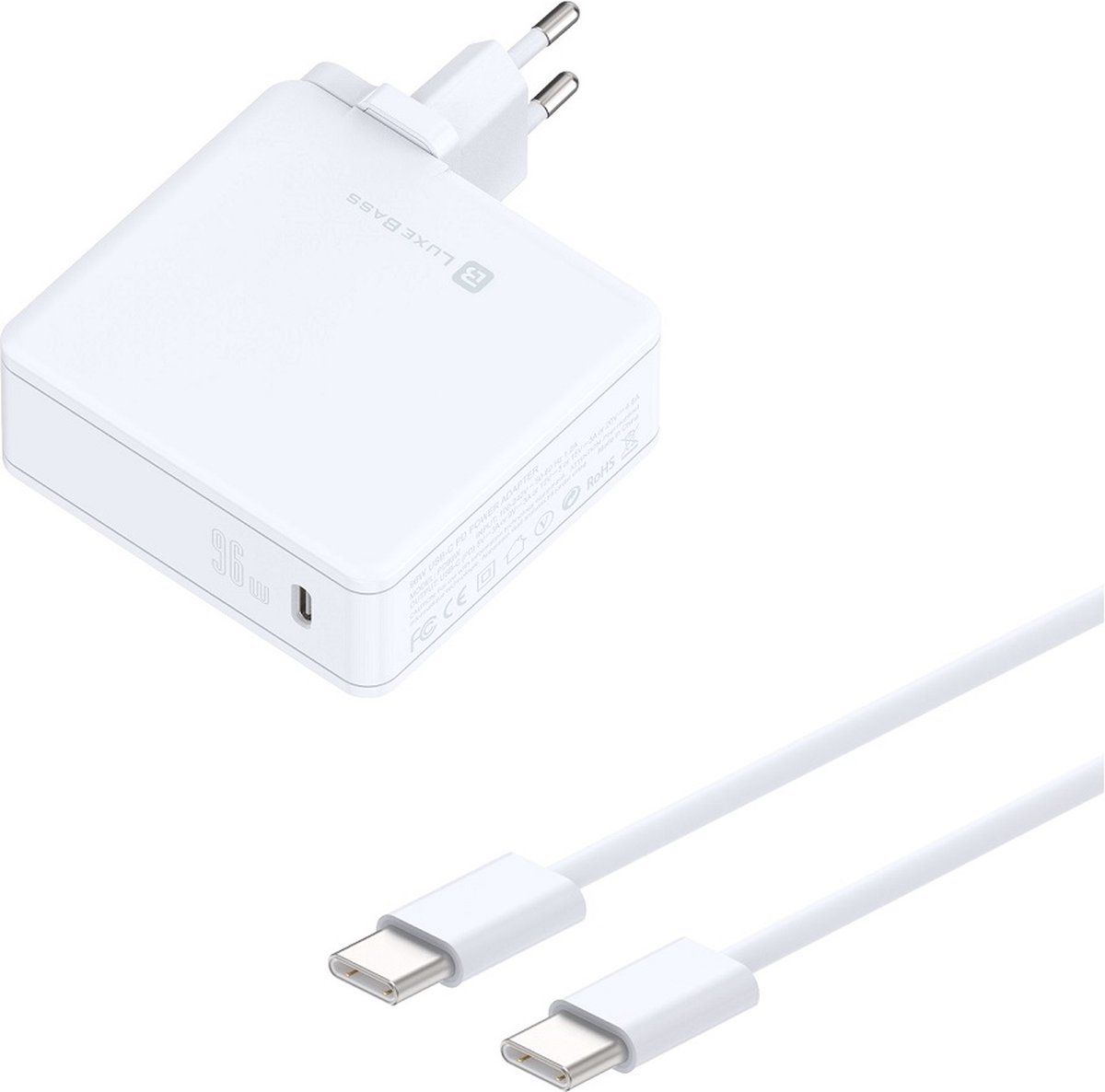 LuxeBass USB-C 96W Fastcharge BUNDEL | Telefoonlader Snellader Oplader met USB C kabel voor Smartphone Tablet Laptop PD96W + LBH122
