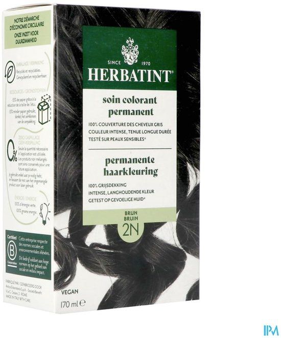 Herbatint Haarverf - Permanente Vegan Haarkleuring - Natuurlijke haarkleuring - 100% grijsdekking - Zonder gebruik van ammoniak - 2N Bruin – 170 ml
