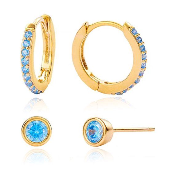 Elenza AMS Elenza Goudkleurige Oorring- en Studset met Blauwe Zirconia