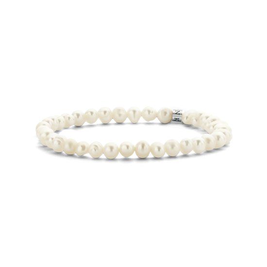 Frank 1967 7FB-0715 Parelarmband 6a7mm - 18cm - Rekbaar - Parel - Bruin/Zwart/Zilverkleurig - Vrouwen