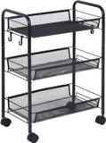 Relaxdays chariot de service avec 3 tablettes en maille, chariot de loisirs en métal, noir, 63x44,5x26 cm