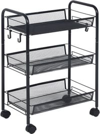 Relaxdays chariot de service avec 3 tablettes en maille, chariot de loisirs en métal, noir, 63x44,5x26 cm