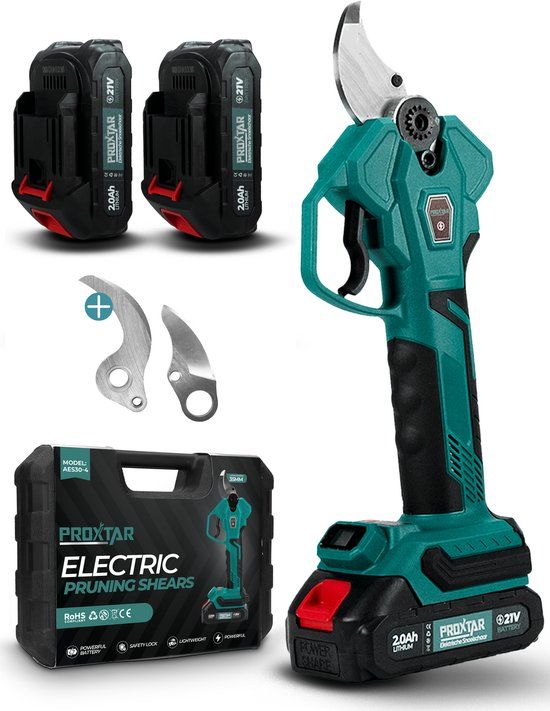 ProXtar Elektrische Snoeischaar - 35mm Snijdiameter - Takkenschaar - Accu Snoeischaar - Heggenschaar - Inclusief Opberkoffer, 2 Accu's & Reserve Set Snoeimessen