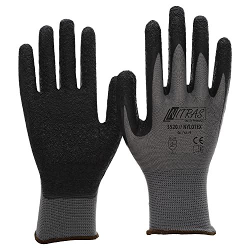 NITRAS Nylotex 3520 Nylon latex handschoenen, werkhandschoenen, 12 paar, grijs/zwart, 9