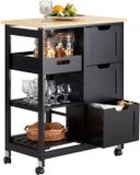 SoBuy Keukentrolley Serveerwagen – Keukenwagen met 3 Grote Laden en Planken – Opbergkast op Wieltjes – Zwart – 68x37x84,5cm – FKW79-SCH