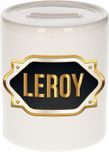 Spaarpot Leroy - wit - met goud/zwart embleem - 8 x 9 cm - keramiek - met afsluitdop - cadeau verjaardag