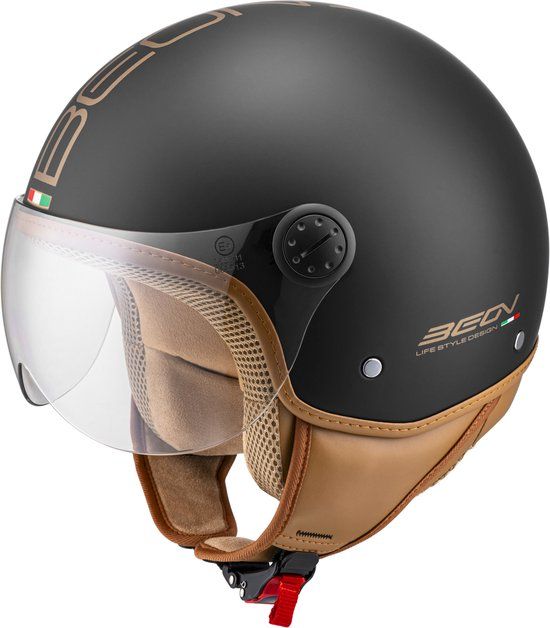 Beon Design Luxe Scooterhelm - Retro Jethelm with Visor - Adult - L - Matte Black - Includes Helmet Bag