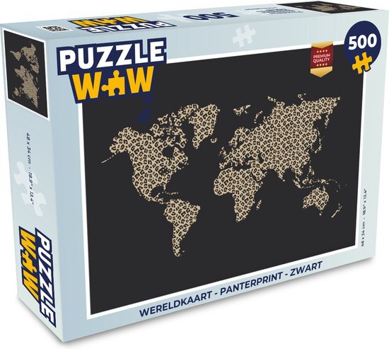 MuchoWow Puzzel Wereldkaart - Panterprint - Zwart - Legpuzzel - Puzzel 500 stukjes