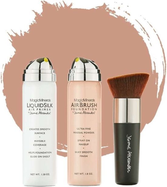 Jerome Alexander Magic Minerals AirBrush Foundation 3-delige set by – Warm/Beige – Foundation en LiquidSilk Airbrush Primer kit – Met gratis Kabuki kwast - Make-up met een natuurlijke dekking