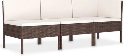 vidaXL 3-delige Loungeset met kussens poly rattan bruin