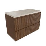 Saniclass Badkamermeubelset - 100x45x63cm - Travertine natuurstenen topblad - zonder kraangat - 2 lades - mat walnut pure (hout)