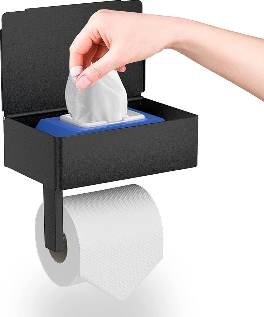 GUIGUZI Toiletpapierhouder met vochtige doekjesbox, Toiletpapierhouder zonder boren,Roestvrij staal zwart wc-papierhouder, Zelfklevende Toiletrolhouder wandmontage papierhouder voor keuken en badkamer