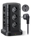 KOOSLA 12-stopcontacten toren (Type-E/Frankrijk) met 6 USB-poorten, 4000W/16A, bliksembeveiliging, 3 schakelaars + 2m snoer (zwart)