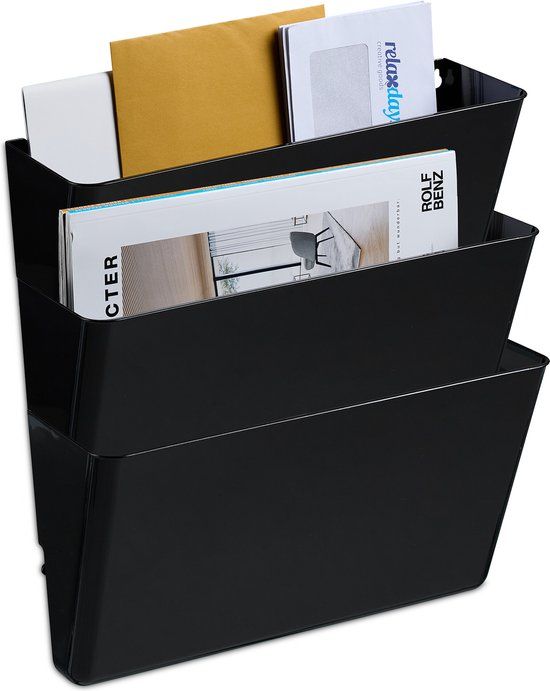 Relaxdays Tijdschriftenrek muur - set van 3 - 19 x 33 x 10.5 cm - Metaal - Zwart