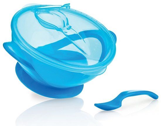 Nûby Blauwe eetkom voor baby's met zuigring, Lepel en Deksel 6m+