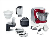 Bosch Keukenmachine serie 4, geïntegreerde weegschaal, roestvrij stalen kom 3,9 l, mixer 1,25 l, kunststof kom, vaatwasmachinebestendig, 3x roerelementen, doorslijpmachine, 1000 W, donkerrood