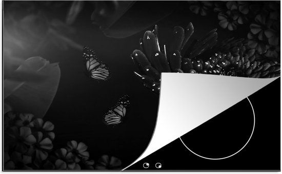 KitchenYeah® Inductie beschermer 77x51 cm - Vogel en vlinders in de jungle - zwart wit - Inductie kookplaat accessoire