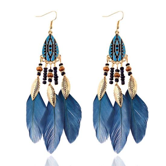 LGT JWLS Etnische Oorbellen met Kralen en Veren - Blauw