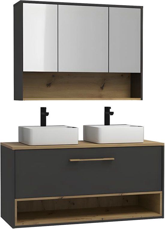 Hangend badkamermeubel met dubbele wastafel - Antraciet - 120 cm