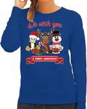 Bellatio Decorations Foute Kersttrui sweater - voor dames - We wish you - blauw - kerst dieren - kerst cadeau M
