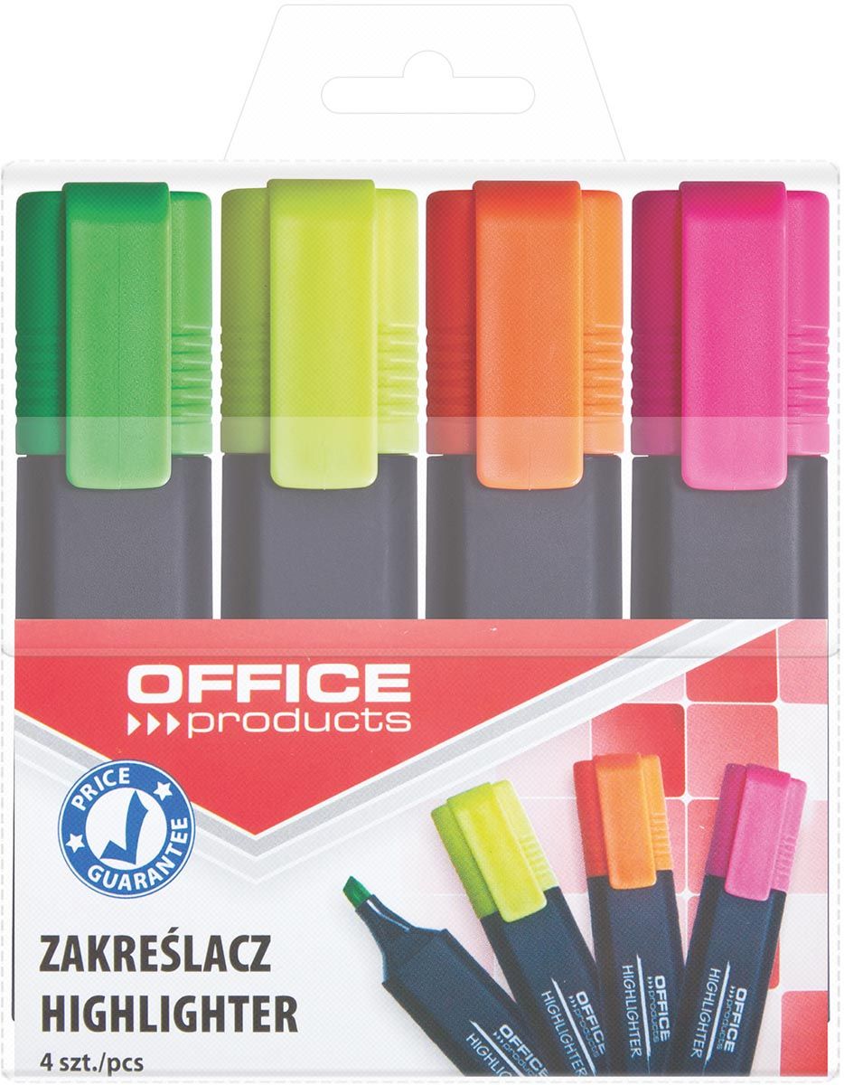 OFFICE PRODUCTS Markeerstiften Oplichtend 4-pack Kleur: Geel, Oranje, Roze, Groen/Highlighter Textliner De niet-giftige inkt, wigvormige punt lichtgevende kleuren Hoge kwaliteit/lijndikte 1-5mm
