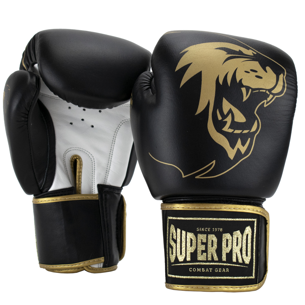 Super Pro Combat Gear Warrior SE Lederen (Kick)Bokshandschoenen - Zwart/Goud/Wit - 12 oz