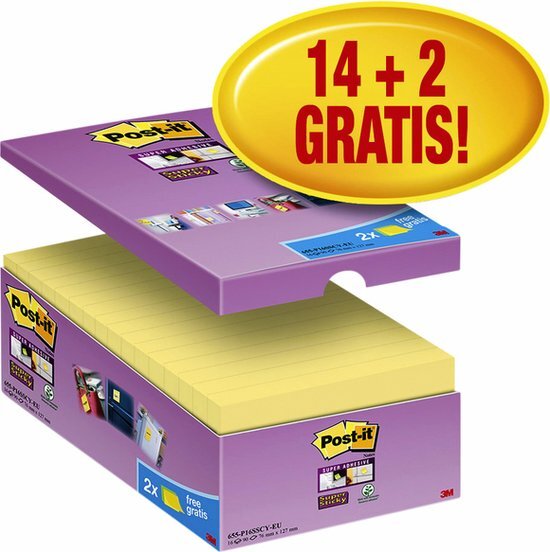 Post-it Super Sticky notes Kanariegeel 76 x 127 mm 70 g/m² voordeelpak 16 stuks à 90 vellen