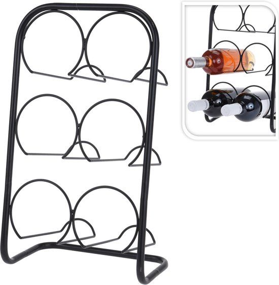 Excellent Houseware Metalen wijnflessen rek - Zwart - 6 flessen
