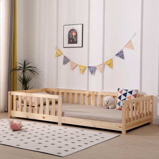 ecoMI Kinderbed met uitvalbescherming 90 x 200 cm - Naturel - Grenenhout - Massief hout - Eenpersoons