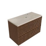 Saniclass Badkamermeubelset - 100x45x63cm - Travertine natuurstenen topblad - 1 kraangat - 2 lades - mat walnut pure (hout)