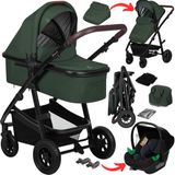Lionelo Amber Kinderwagen 3 in 1 – Reiswieg + Wandelwagen + Astrid i-Size Autostoel met ADAC – 0-22 kg – Grote Luchtbanden – Volledige Vering – Omkeerbare Zitting – XXL Zonnekap UPF50+ – Verstelbare Duwstang – Accessoireset