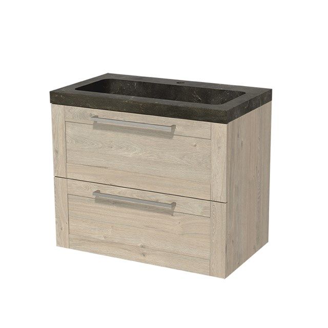 Maxaro Badkamermeubel 80cm Modulo Lichtgrijs Eiken 2 lades Kader Wastafel Natuursteen Blue Stone