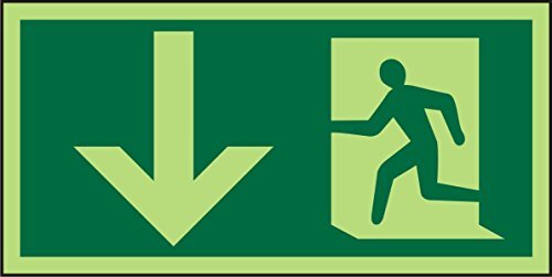 Stewart Superior Seco Fire Exit - Pijl naar beneden wijzen & Man Running Links Pictogram Sign, 200mm x 100mm - Fotoluminescente Zelfklevende Vinyl