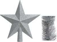 Decoris Kerstversiering Kunststof Glitter Ster Piek 19 Cm En Folieslingers Pakket Zilver Van 3x Stuks