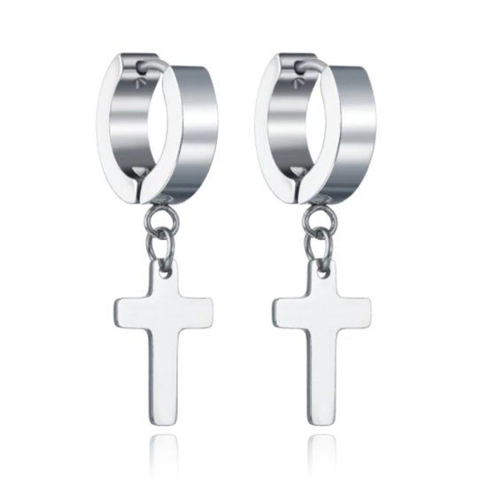 LGT JWLS Lookinggoodtoday Heren oorringen zilverkleurig van edelstaal met een kruis