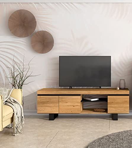 Skraut Home - TV-meubel Mod.Natural"eiken/zwart", 2 deuren en 2 woningen, 160 x 40 x 53 cm