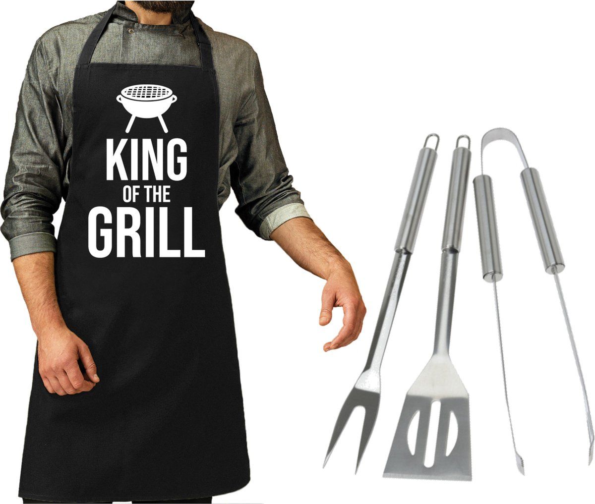 BBQ gereedschap set 3-delig RVS - Met zwart BBQ schort King of the grill - Vaderdag cadeau