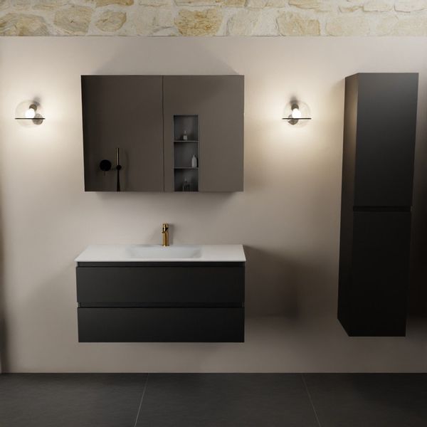 Mondiaz Aivy badmeubelset - 100x45x50cm - 1 kraangat - 1 wasbak talc Solid surface - Midden - 2 lades - Met spiegelkast - MDF Urban AIVY80318