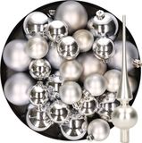 Kaemingk B.V. Décoration de Noël boules de Noël en plastique avec étoile en verre argent 6-8-10 cm lot de 37x pièces - Décoration de sapin de Noël