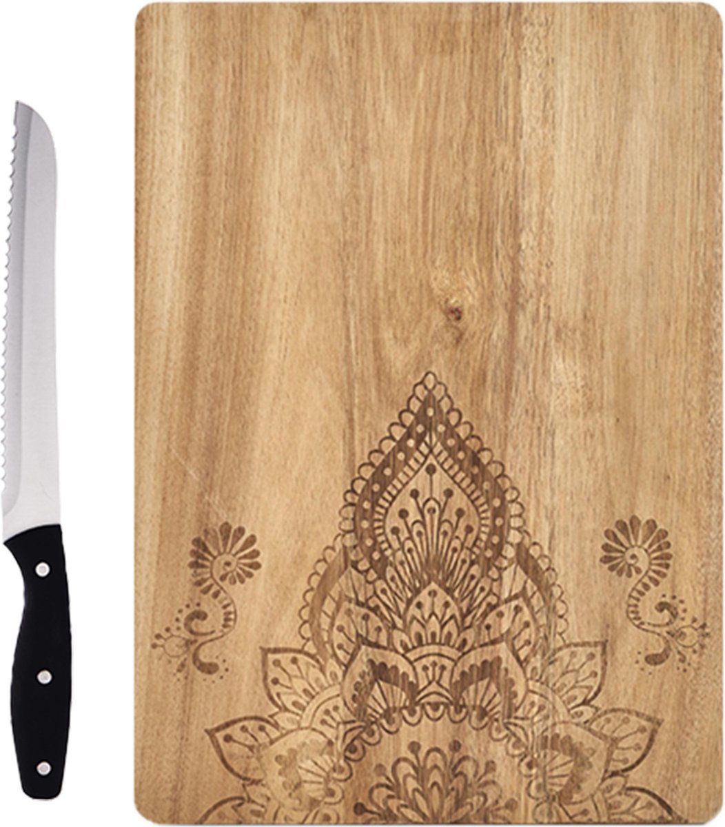 ZELLER Rechthoekige houten snijplanken met mandala print 40 cm inclusief RVS broodmes 33 cm