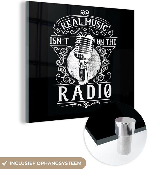 MuchoWow® Glass Painting 50x50 cm - Acrylic Glass Painting - Microphone - Radio - Retro - Illustration - Photo on Glass - Paintings