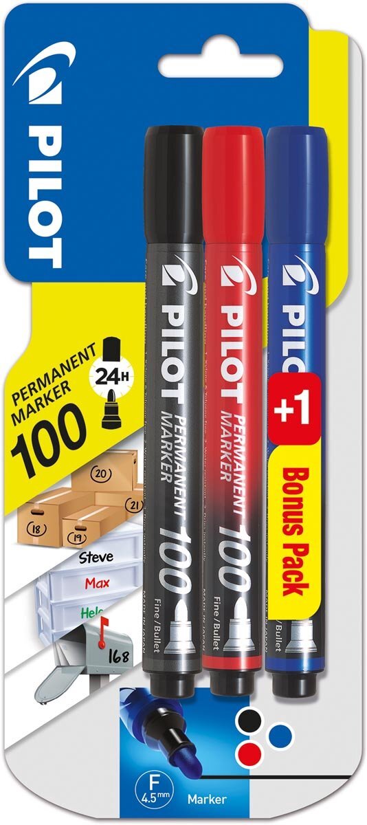 Pilot permanent marker 100, blister met 3 stuks (2 + 1 GRATIS) in geassorteerde kleuren