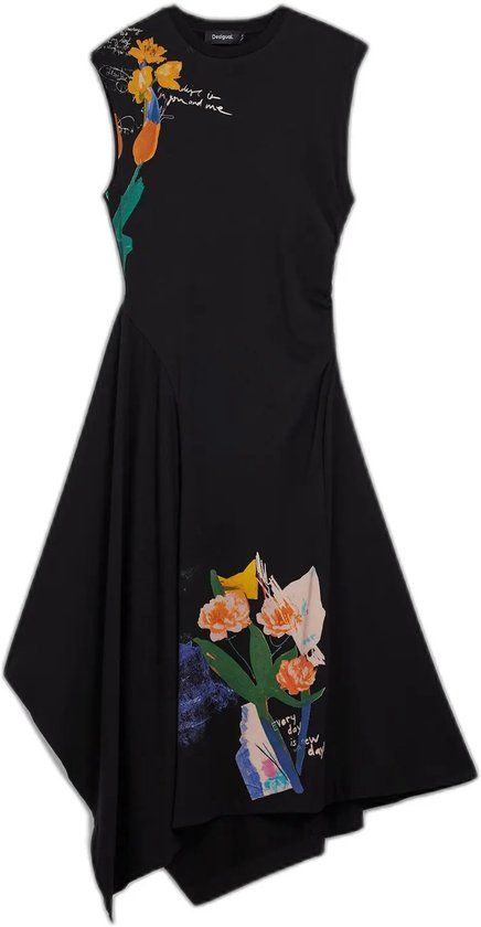 Desigual Damesjurk Leyter Zwart Gebloemd Mouwloos Kort Polyester XS
