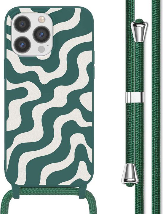 iMoshion iPhone 13 Pro Max Case with Cord - Silicone - Petrol Green Groovy
