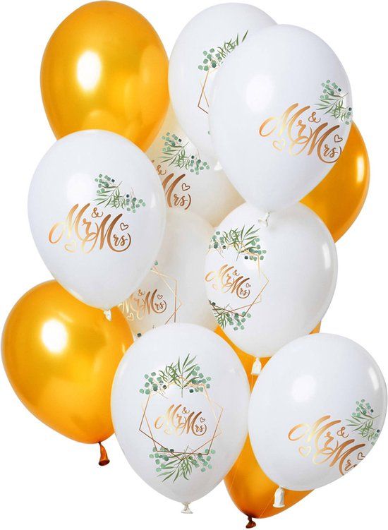 Folat Ballonnen Goud Wit Mr and Mrs 30 cm - 12 stuks