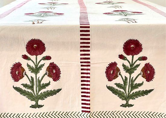 Mirya Handblock Print Tafelkleed Floral Poppy Rood Katoen Rechthoek 228 cm